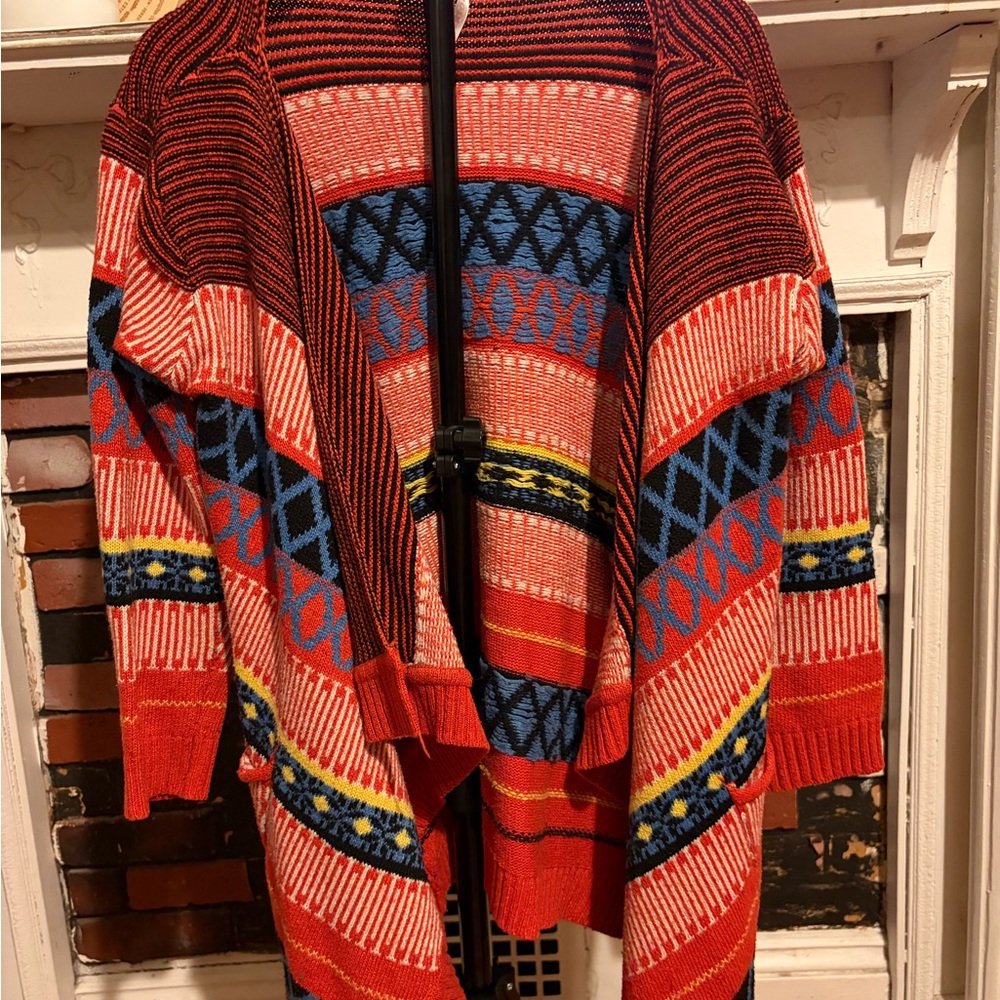 Vibrant Patterned Open-Front Cardigan in Red & Blue